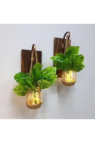 Duvar Dekoru, Led Işıklı, Deve Tabanı Çiçekli, Ceviz Aplik İkili Set