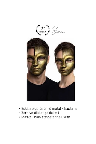 Maske Metalik Gold Yarım Yüz Parti Maskesi Antik Efektli Eskitme Maskeli Balo Kostüm Aksesuarı