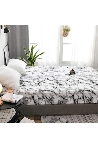 Novahub Blue Elastic Sheet Bed Cover With Non-slip Mat, Waterproof Marble Fitted Sheet, Pillowcase Included - 99x190x35cm Mor