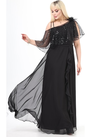 Ladies First Büyük Beden 3858 Siyah Uzun Abiye Elbise 001