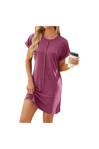 Sones Kadın Organik Pamuk Kısa Kollu Midi Elbise Rahat Bol Kesim Saf Renk İlkbahar Yaz Elbisesi Şarap Kırmızısı