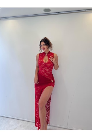 Pink Life Kırmızı Dantel Toka Detaylı Maksi Elbise Kırmızı