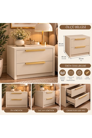 Bej Çekmeceli Gold Kulplu Komodin - Bej Mdf Komodin
