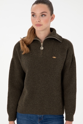 U.S. Polo Assn. Kadın Haki V Yaka Fermuarlı Kazak 50297086-VR027