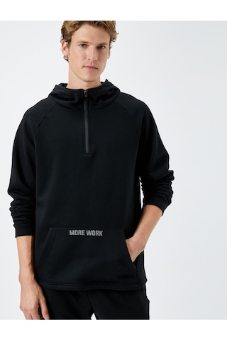 Koton Kapüşonlu Yarım Fermuarlı Spor Sweatshirt Kanguru Cepli Siyah 4wam70004nk Siyah