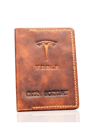 Tesla Logolu Hakiki Deri Taba Ruhsat Kılıfı - İsme Özel