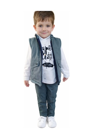 İrem Çocuk Giyim Erkek Çocuk Yelekli Baskılı Sweatshirt Gabardin Pantolon Turkuaz Renk Üçlü Takım Turkuaz