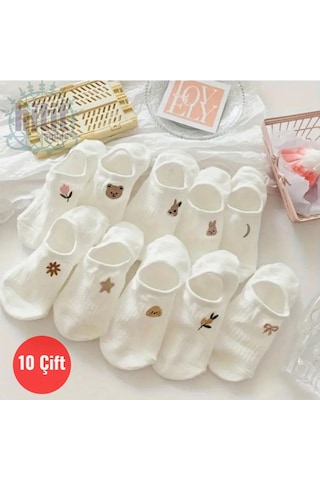 Kadın 10 Çift Premium Çiçek Ve Hayvan Desenli Görünmez Babet Çorap Şeker Beyazı ASORTİ