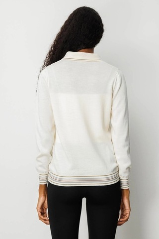 Desen Triko Polo Yaka Simli Çizgili Kadın Yün Bluz 25080d Ekru