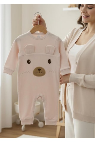 Altıntaş Baby Kulaklı Ayıcık Nakışlı Bereli Erkek Bebek Fitilli Tulum Krem Krem