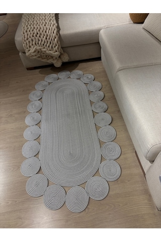 Mavaux Oval Papatya Hasır Jüt Çiçek Desenli Kilim Halı Gri