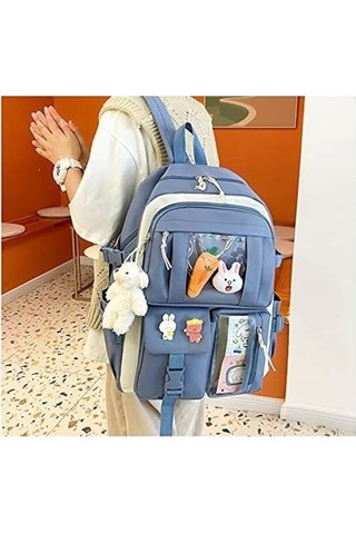 Yucama 4 Parça Set Kadın Laptop Çantası Su Geçirmez Seyahat Öğrenci Okul Çantası Seyahat Omuz Çantası Büyük Kapasiteli Aksesuarlarla - Blue Kırmızı - Gri