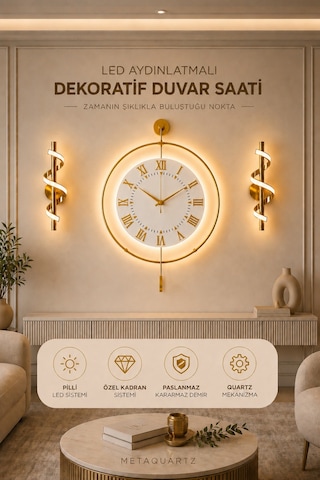 Gold - Royal Kadran Exclusive - Pilli Led - 3 Pil İle Gelir - Modern Metal Duvar Saati