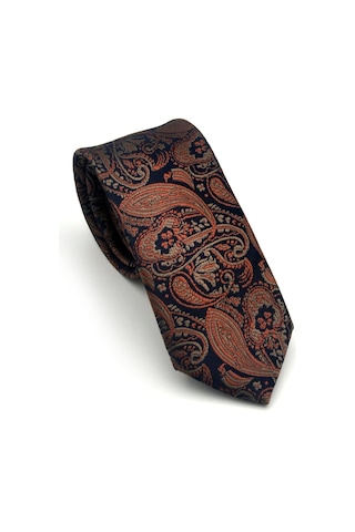 Gaffy Kahverengi Şal Desenli Lacivert Dokuma Kumaş Mendilli Slim Fit Kravat // Sdk-2607-5 Kahverengi