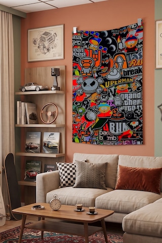 Renkli Pop Art Kolaj Duvar Örtüsü, Genç Odası Dekoru, Baskılı Kumaş Duvar Halısı Beyaz