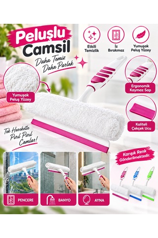 Peluşlu Pratik Cam Temizleyici Çekçek - Ergonomik Kaymaz Saplı İz Bırakmaz Camsil Karışık/Çok Renkli