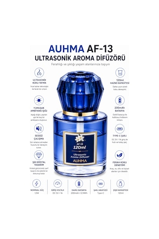 Auhma Af-13 120ml Şarjlı Ultrasonik Araç Koku Difüzörü Mavi Ambiyans Işıklı Chanel Esans Aroma Yayıcı