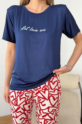 Giysa Kadın Bisiklet Yaka Desenli Kısa Kollu Pijama Takımı Lacivert - 26y 2601