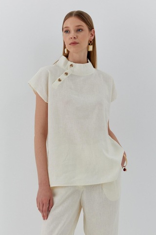 Düğme Detaylı Keten Takım Ekru Ekru