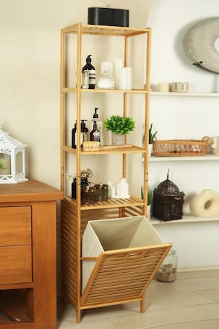 Digithome Bambu Kirli Sepetli 4 Raflı Çok Amaçlı Banyo Düzenleyici Çamaşır Sepeti Organizer Db-0009 Ahşap