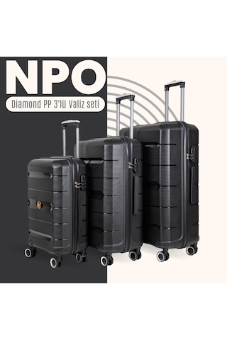 Npo Diamond Pp Polipropilen Kabin, Orta Ve Büyük Boy 3'lü Kırılmaz Valiz Seti-siyah Siyah