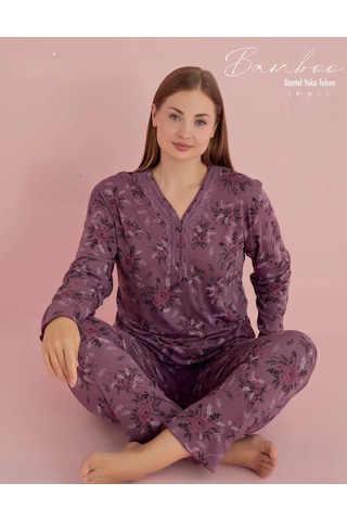 Pijamerry Kadın Büyük Beden Dantel Yaka Bambu Uzun Kol Pijama Takımı 5072 - 1 Adet 001