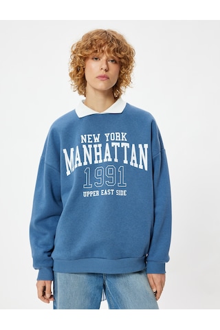 Koton Polo Yaka Sweatshirt Kolej Baskılı Uzun Kollu Mavi 5wal10205ık Mavi