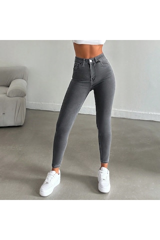 Yüksek Bel Gri Skinny Jean Pantolon Gri