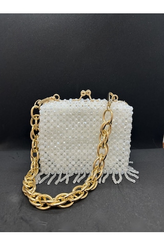 Luti Design El Yapımı Kristal Boncuk Abiye Çanta/ Zincir Askılı Özel Tasarım Beyaz