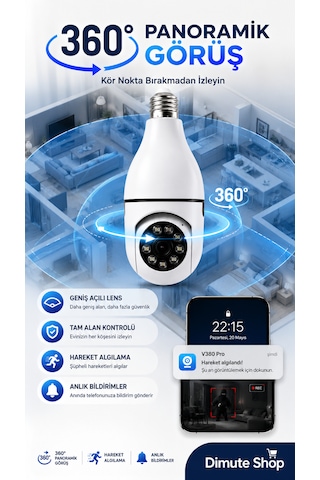 V380 Pro Ampul Kamera 360 Wifi Güvenlik Kamerası Gece Görüşlü Hareket Sensörlü