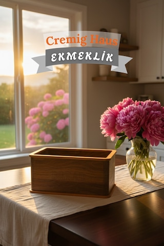 Geleneksel Tasarım Kapaklı Büyük Ekmeklik Dikdörtgen Ahşap Ekmek Sepeti Kemençe Desenli Çok Renkli