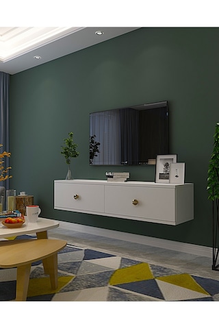 Tda1202b - Zuzu Duvara Montaj Tv Stand Beyaz-gold 120cm Beyaz