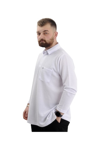 Mode Xl Büyük Beden Erkek Sweatshirt Polo Yaka Uzun Kol Waffle 23449 Beyaz Beyaz