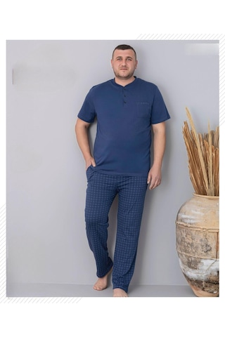 Pijamoni Erkek Battal Düğme Yaka Penye Kısa Kol Pijama Takımı 6730/1 - 1 Adet Mavi
