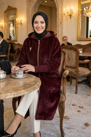 Hb Harma Time Butik Kadın Fermuarlı Kapüşonlu Angora Bordo Kürk Kaban