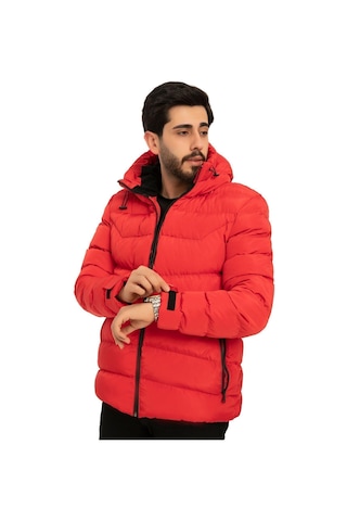 Erkek Kapüşonlu Polarlı Kürklü Su Geçirmez Rüzgara Dayanıklı Şişme Mont Kaban Parka Kırmızı