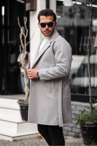 Mero Life Erkek Açık Gri Kemerli Oversize Rahat Kesim Kaşe Kaban Açık Gri