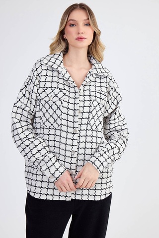 Vitrin Kapak Cepli Desenli Oversize Gömlek Ekru