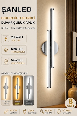 Dekoratif 20w İç Mekan Krom Kasa 3 Renkli Işık 60 Cm Duvar Aplik Elektrikli 8 Adet