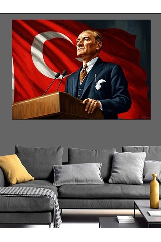 Ahşap Tablo Türk Bayrağı Önünde Atatürk Portresi İstanbul Tabloları