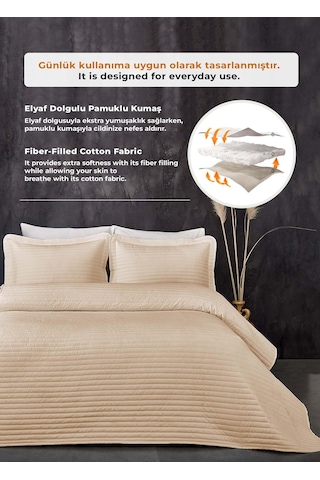 Evlen Home %100 Pamuk Yatak Örtüsü Pike Takımı Tek Kişilik Judy Yatay Çizgili Kapitone Bej Bej
