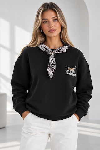 Mevese Bisiklet Yaka Nakışlı Kadın Sweatshirt - Üç İplik Şardonlu Oversize Şık Tasarım - Siyah
