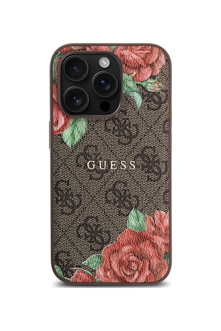 Apple Uyumlu iPhone 14 Pro Kılıf Guess Lisanslı Magsafe Şarj Özellikli Gül Baskılı Yazı Logolu Kapak Kahverengi