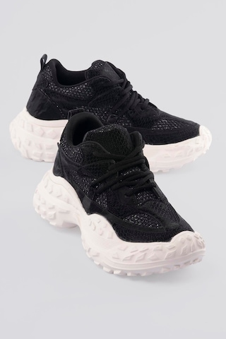 Mubiano Kadın Sneaker Kalın Taban Yılan Baskı Detaylı Bağcıklı Spor Ayakkabı Stellix Siyah Siyah
