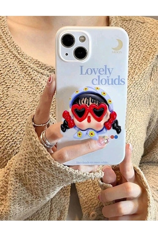 Sevimli Koca Kafa Bebek Şeklinde Telefon Standı, Kendinden Yapışkanlı Telefon Tutucu Mavi