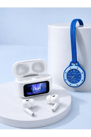 Dokunmatik Kablosuz Kulaklık + Mavi Askılı Analog Charm Saat İkili Set Altın