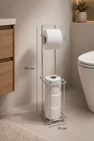 Parlak Silver Metal Ayaklı Tuvalet Kağıtlığı Ve Yedek Rulo Standı Modern Wc Kağıtlık