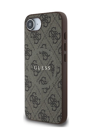 Apple Uyumlu iPhone 16e Kılıf Guess Lisanslı M-safe Pu Halkalı 4g Desenli Yazı Logolu Kapak Kahve