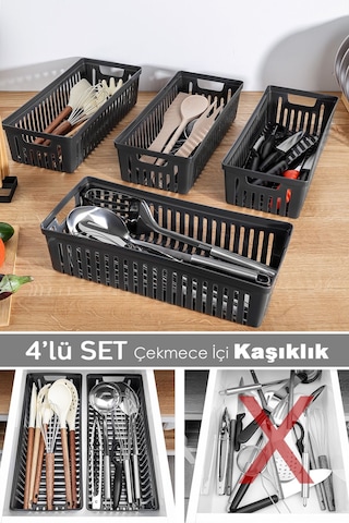 4'lü Modüler Kaşıklık Seti - Mutfak Düzenleyici Çekmece İçi Organizer Bıçaklık Kepçelik Siyah Siyah