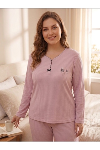 Büyük Beden Uzun Kol Pamuklu Likralı İnterlok Kumaş Pijama Takımı 8739 Pembe